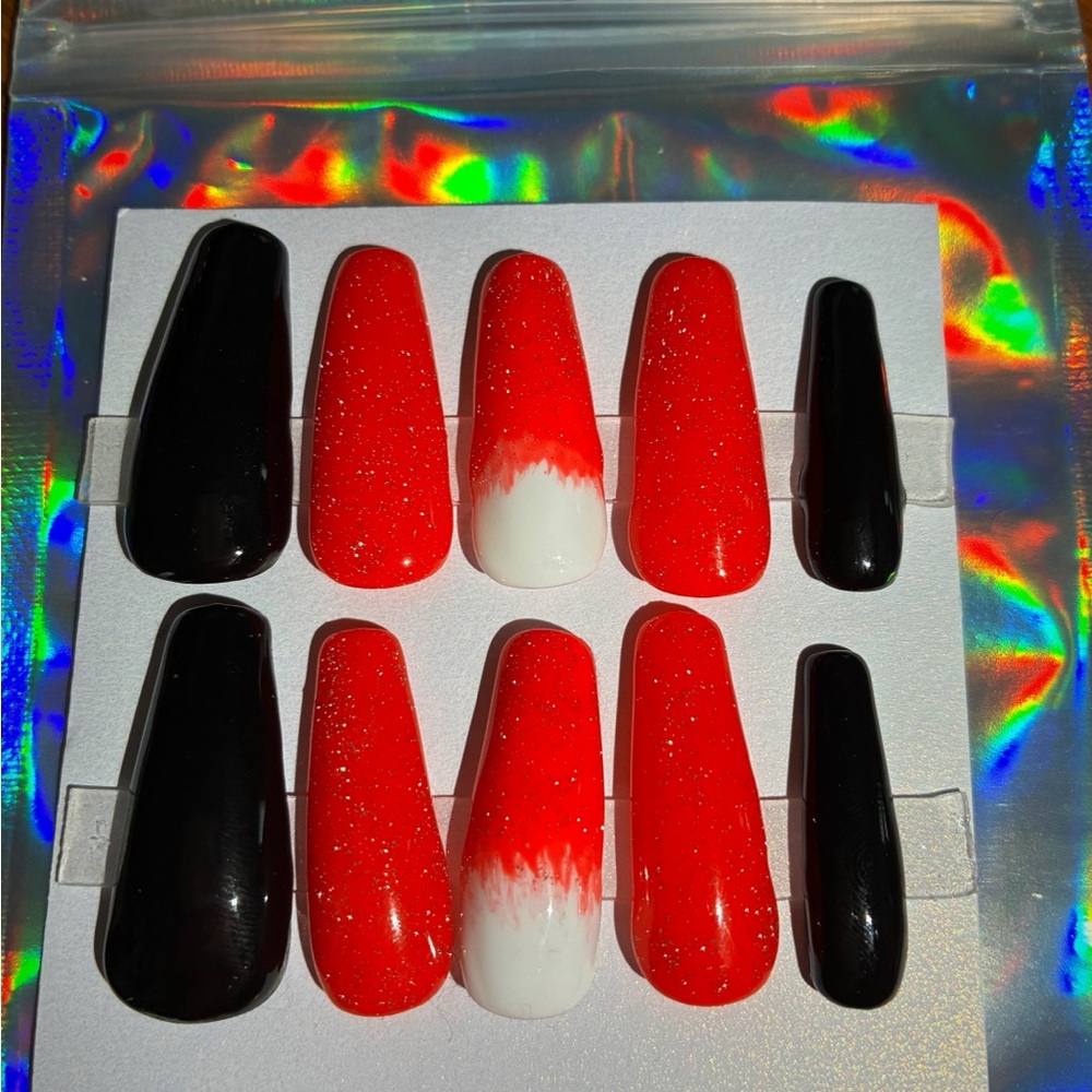 Red and Black Glitter Press-On Nails